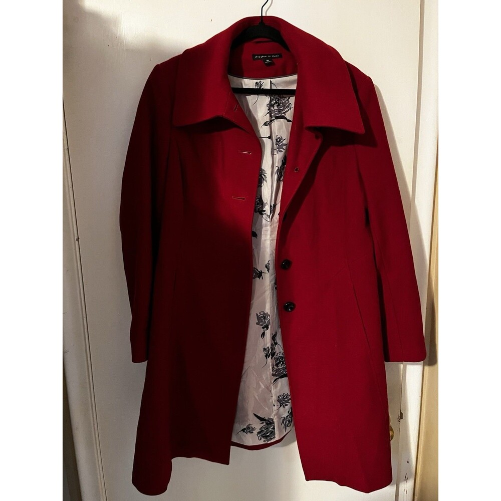 Preston & York Red Wool Blend Pea Coat with Floral Lining